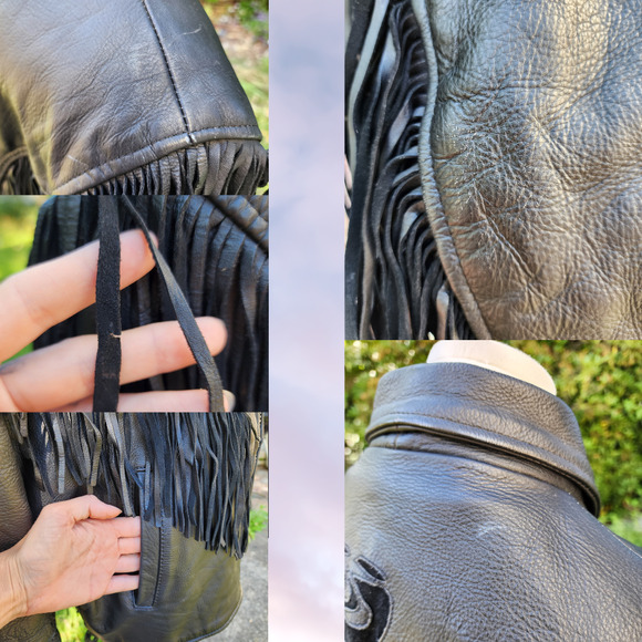 Vtg 90s Shaf Leather Fringe Biker Rose Punk Rock Motorcycle Gypsy Moto Jacket XL - Picture 7 of 7
